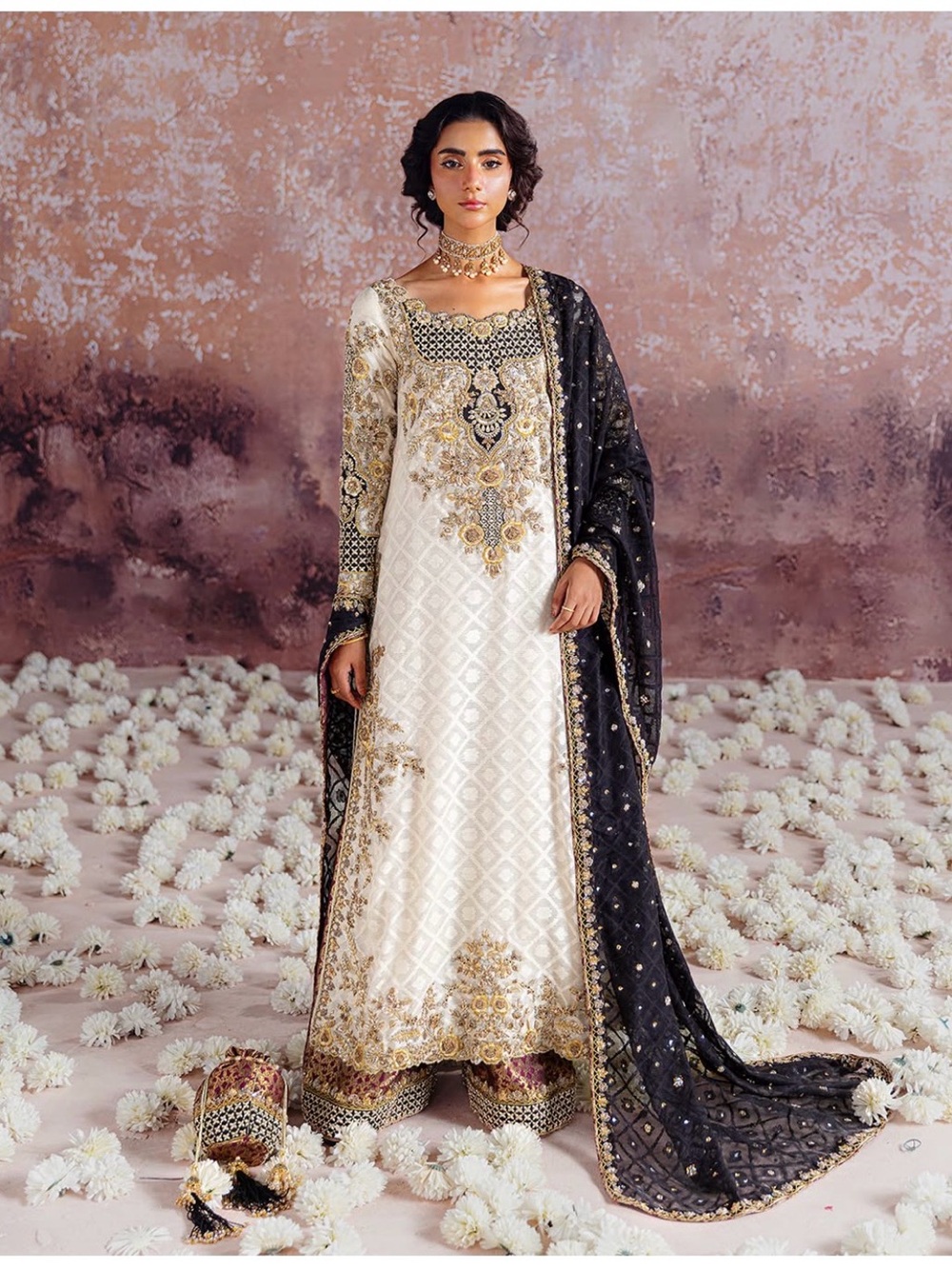 Elegant Ivory Embroidered Long Sleeve Dress with Black Dupatta